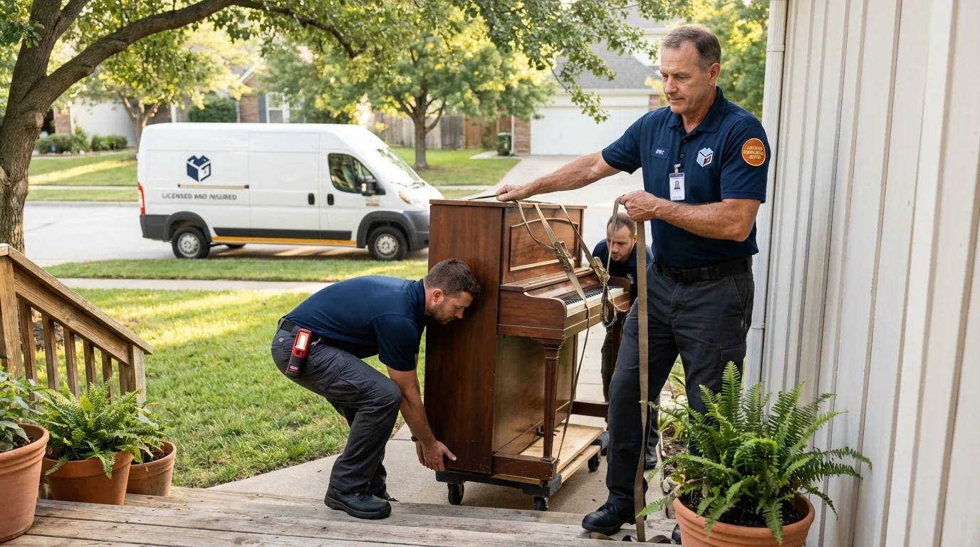 Licensed piano movers securing grand piano in Juncos, PR