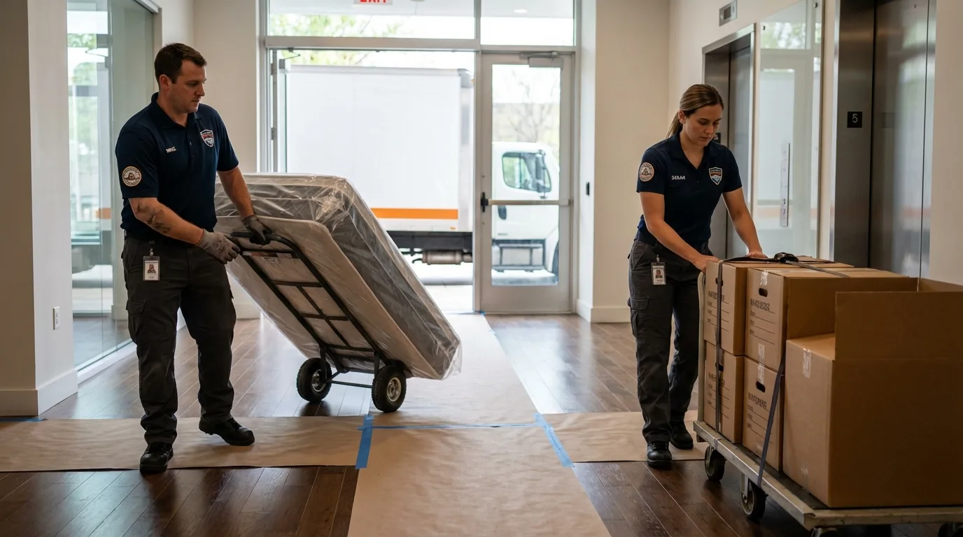 Professional apartment movers loading elevator in Juncos, PR