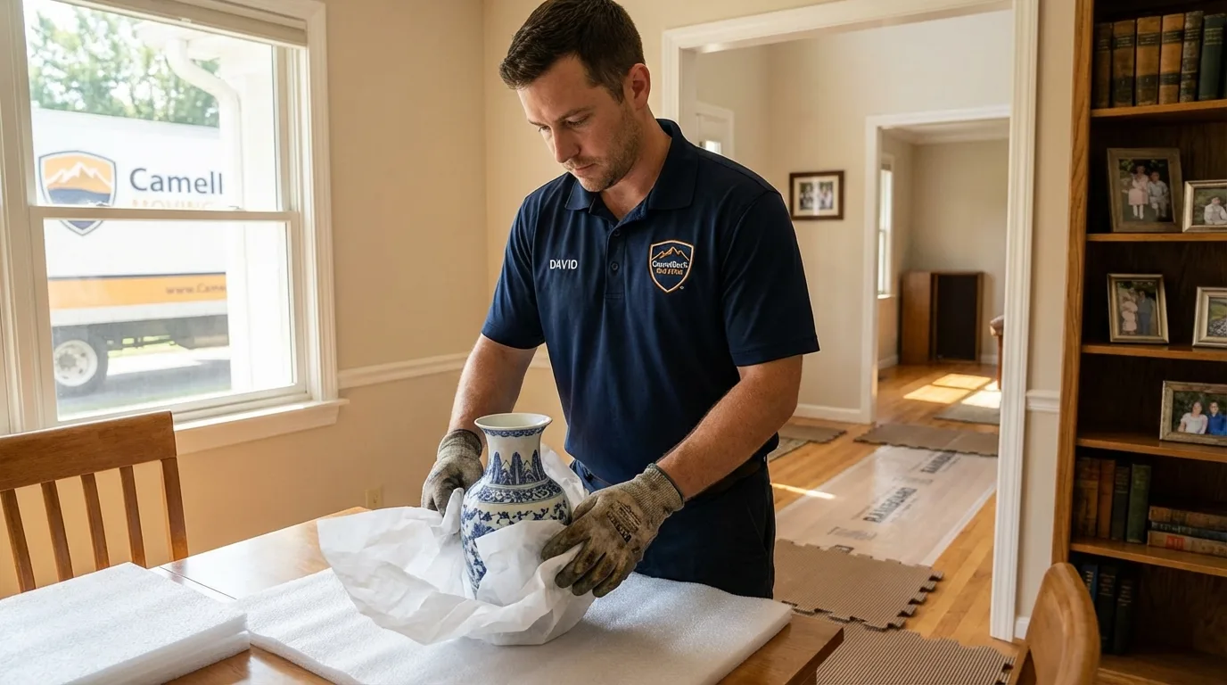 Professional crew carefully wrapping antique vase for senior downsizing move in Juncos, PR